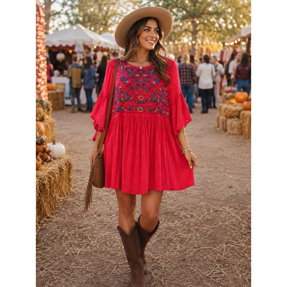Umgee Red Embroidered Boho Babydoll Mini Dress Bell Sleeve Womens Medium